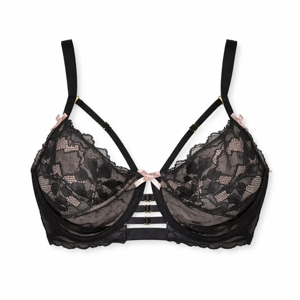Cacique 38DDD Black Lace Unlined Balconette Bra Curvy Sexy Strappy Detail